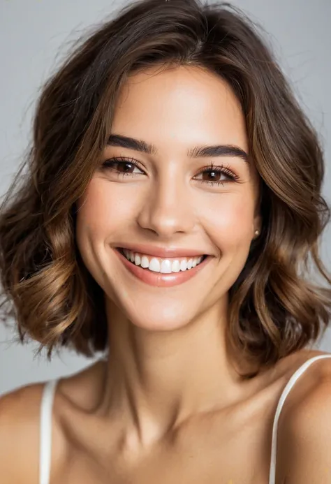 beautiful lady, big smile, brown eyes, shoulder length hair, natural makeup, hyper-detailed photography, soft light, head and shoulders portrait, cover