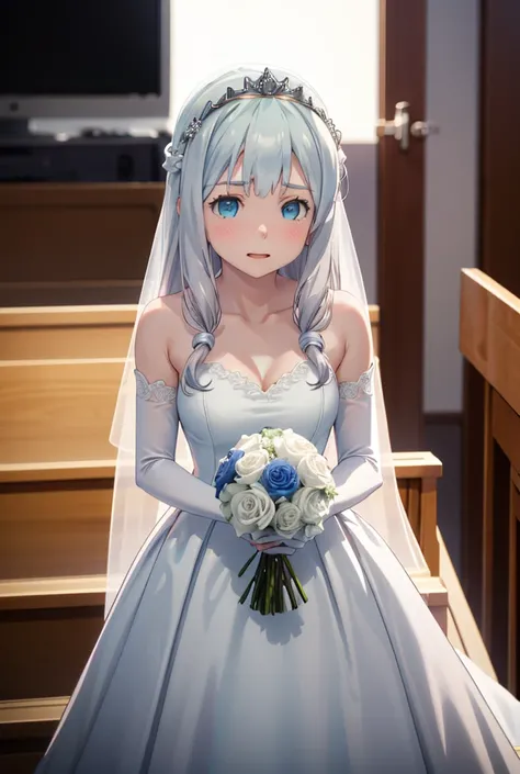 1girl, izumi sagiri, grey hair, long hair, multicolored hair, blue eyes, wearing a white satin ballgown wedding dress with long veil, elbow gloves, tiara, holding bouquet, at altar, (masterpiece), best quality, expressive eyes, perfect face, good hands, be...