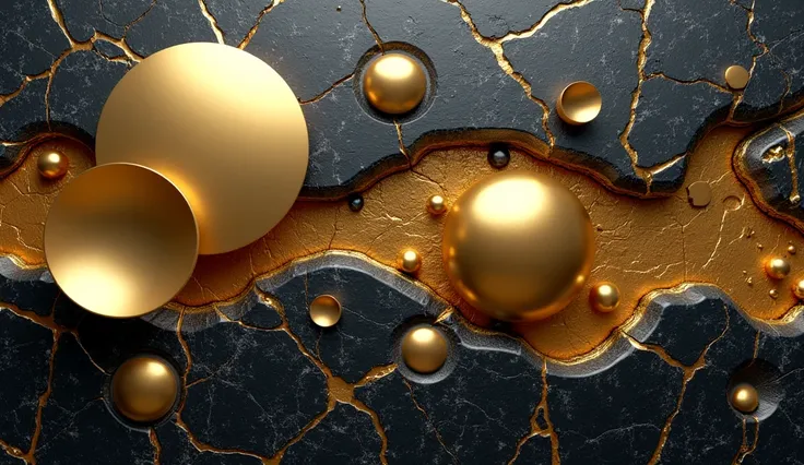 "An abstract, artistic 3D wall sculpture featuring golden circular elements and textured dark marble-like surfaces with gold veins. The composition includes a series of polished golden spheres and discs of varying sizes, seamlessly embedded into a cracked,...