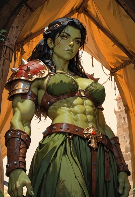 score_9, score_8_up, score_7_up, score_6_up, score_5_up, score_4_up, fantasy, (1girl), ((solo)), green skin, tusks, relaxing in her tent, long black hair, muscular, piercing amber eyes, voluptous, big breasts, hip bones, [[anatomically correct]], high deta...