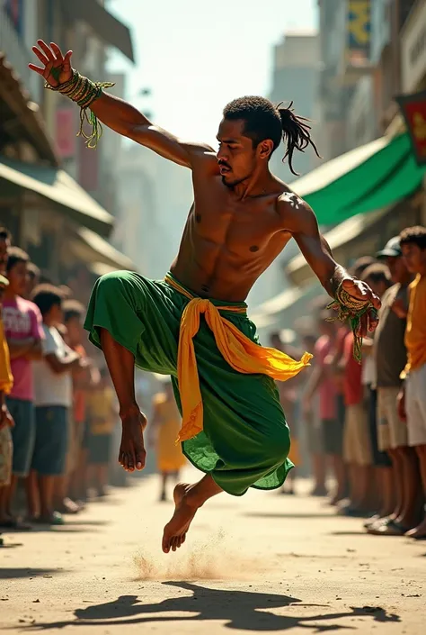 capoeira fighter, wearing green and yellow clothes , Jumping in the street and some people watching