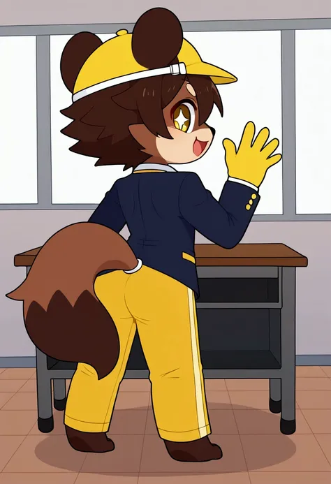 tanuki, furry, bodyfur, hair, tail, school uniform, yellow cap, yellow goggles, navy blazer, white shirts, yellow tie, yellow jersey pants, long pants, yellow gloves, barefoot, chibi, sparkling eyes, yellow eyes, happy, full body, classroom, solo, bent ove...