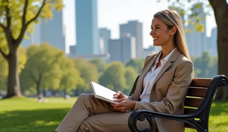 A person seated on a luxurious park bench ,  with a breathtaking view of the city in the background ,  smiling while holding a gratitude notebook .  She wears sophisticated casual clothing and is at the start of a morning walk .  The scene conveys the idea...