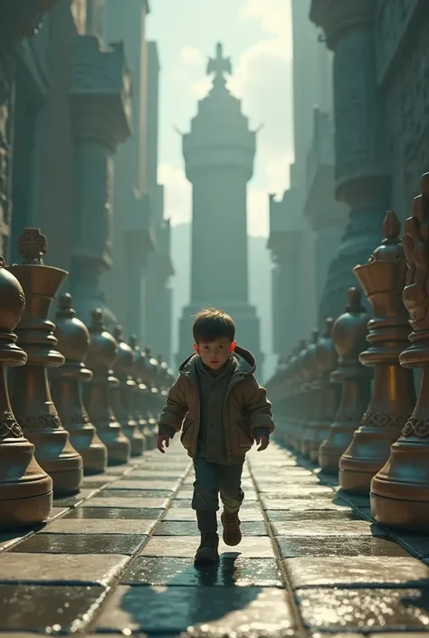 A boy walking down a chess board ,4K ultra he , movie style , perfect