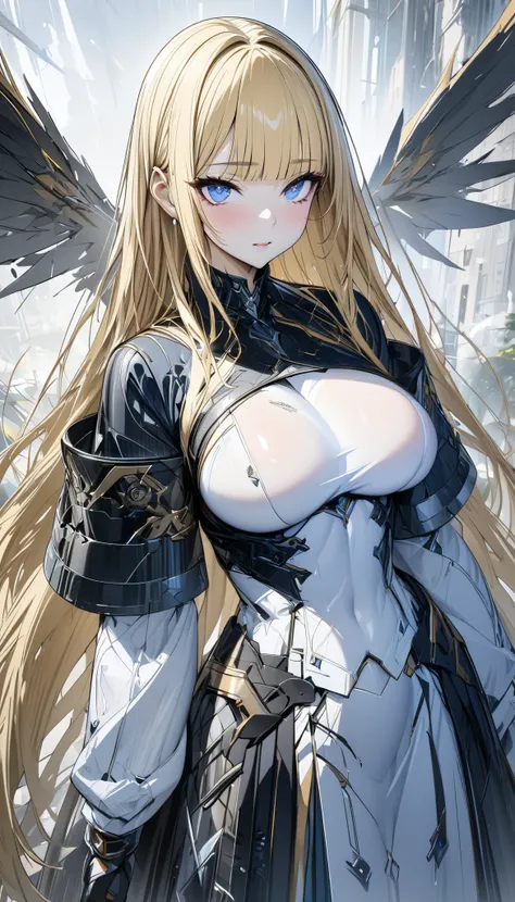 (masterpiece,  top quality :1.2,超 high definition ,  detailed description  、  high detail 、correct、  high definition  )、 One Girl 、 android、Big Breasts、Blonde、blunt bangs、 long hair、Machined Wings