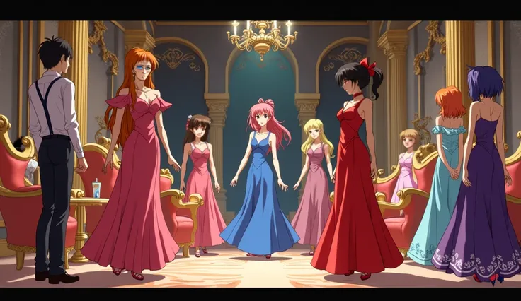 the main cast of neon genesis evangelion (Auska, Shinji, Rei, Misato, ect.). Getting ready for a night out on the town. in the style of disneys animated  movie beauty and the beast