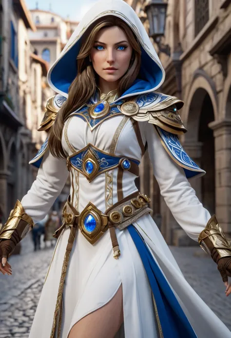 A breathtaking wide shot of Princess Zelda, with flowing brown hair and captivating blue eyes, dressed in an intricately designed Assassins Creed-inspired outfit. Her attire features a white-and-gold color palette with luxurious gold details, including a w...