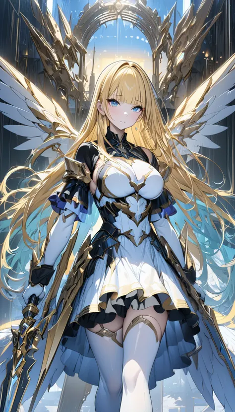 (masterpiece,  top quality :1.2,超 high definition ,  detailed description  、  high detail 、correct、  high definition  )、 android、Big Breasts、Blonde、blunt bangs、 long hair、Machined Wings、 has a spear、 hold the weapon in front、Golden Time 、 rainbow-colored l...