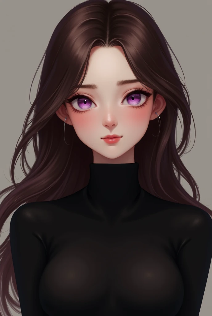 A long-haired woman with brown hair, a cute and attractive appearance, purple eyes, wearing a black long-sleeved turtleneck, 20 years old