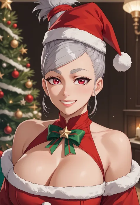 1girl, (masterpiece), best quality, expressive eyes, perfect face, large breasts, bust, thick eyebrows, bangs, short hair, seiko ayase, dandadan, sexy pose, Christmass outfit, smile, christmas, christmas hat, looking at viewer, grey hair, brown eyes, white...