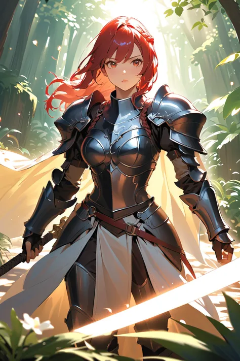 1 girl, (determined face), young adult, long braided hair, (wearing a knights armor with a flowing cape), medium breasts, athletic build, (holding a sword with intricate engravings),  
BREAK  
flower petal-laden path, surrounded by lush greenery, sunlight ...