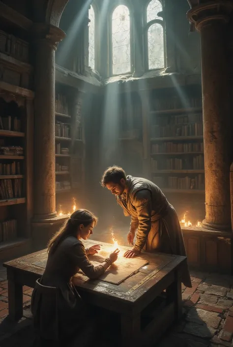  A forgotten library ,  with dusty books ,  worn shelves and beams of light that cross broken windows . Elyra , With an old book open in your hands, seems concentrated ,  while Lucien studies a map spread over a table covered with scrolls.  Mysterious symb...