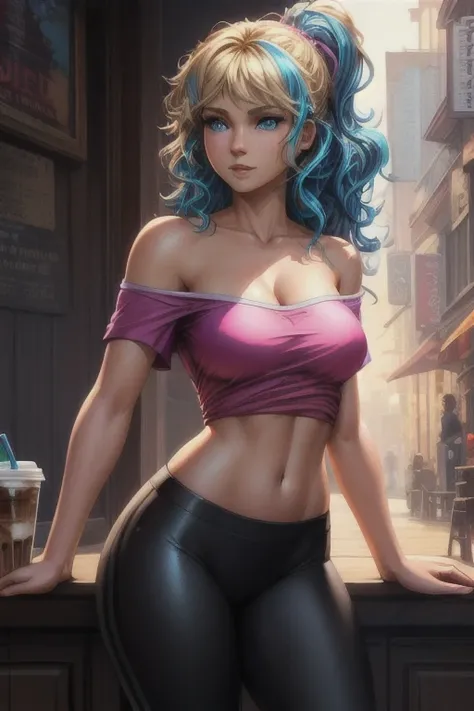 (extremely detailed CG octane render 8k wallpaper), (4k textures), 1girl, solo, masterpiece best quality, Zoomer woman with wavy hair, blonde hair with blue highlights, blue eyes. Shes wearing a pink off-shoulder t-shirt, Lululemon-branded black leggings. ...