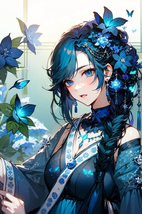  anime style 、 Big Breasts ,  can see cleavage、Lots of exposure、The top and bottom are different 々Clothes、青色と黒色の中華風Clothes、Short sleeve、 they stick their arms forward 、The nails are blue 、 lots of blue and light blue butterflies 、 the background is a field...