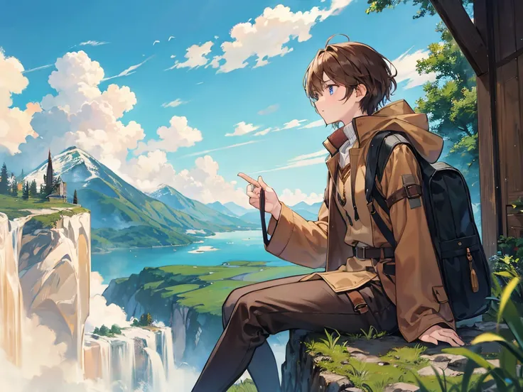 The brown-haired surveyor wizard climbs a mountain path instead of a cane