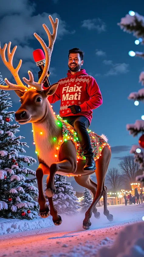 prompt
A highly stylized, cartoonish depiction of a handsome man riding a giant reindeer covered in glowing Christmas LED lights. The man wears a festive Christmas sweater with the text "Flaix Mati" in bold white letters and holds a microphone with a red f...