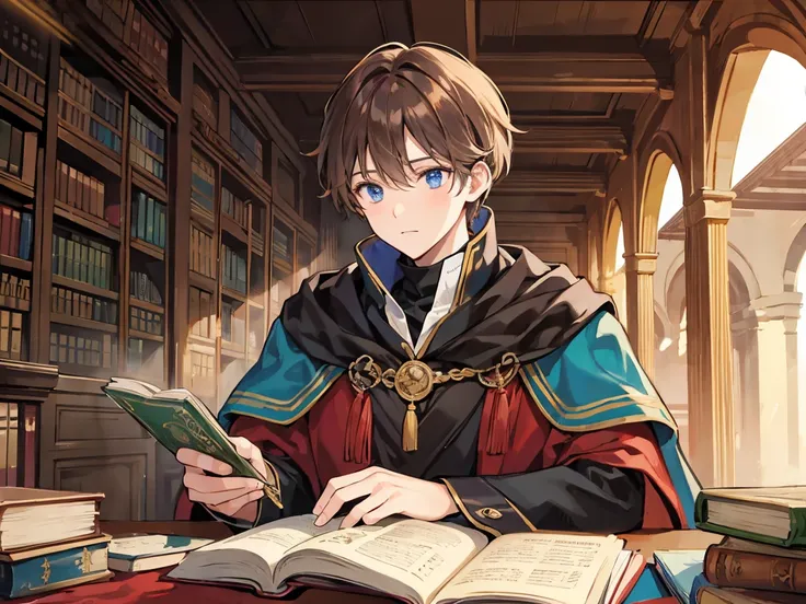 
The brown-haired surveyor wizard man is reading surveying books in a luxurious medieval library
