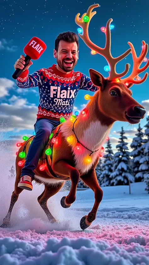 prompt
A cartoonish and vibrant Christmas scene featuring a very handsome man riding a massive reindeer wrapped in dazzling Christmas LED lights of various colors. The man is wearing a holiday sweater with "Flaix Mati" written in bold white letters, smilin...