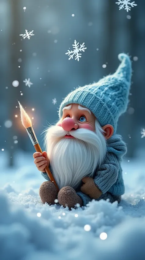   A small winter gnome with a long white beard ,  with a large pink nose and hidden under the beard .  He is dressed in a warm knitted suit and a large soft sky blue hat with a fluffy texture,  falling from the side .  The dwarf holds a thin brush in his h...