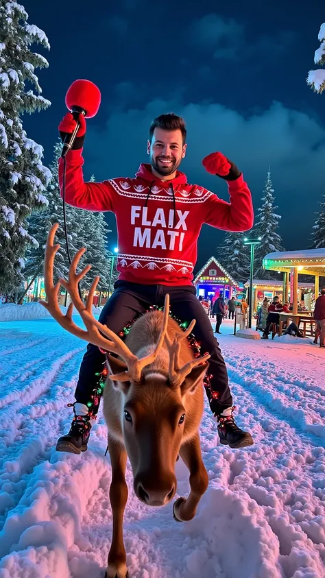 prompt
A dynamic and cartoonish image of a dashing, handsome man riding on a reindeer draped in brightly glowing LED Christmas lights. The man wears an over-the-top festive sweater with the text "Flaix Mati" in bold white and holds a microphone with a red ...