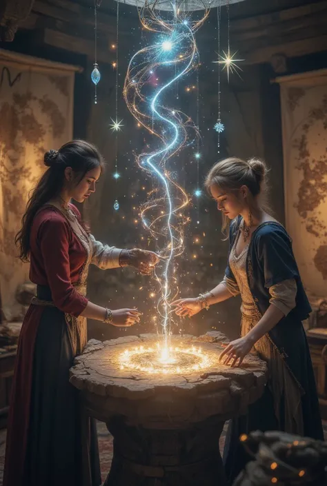  brightness Elyra and Lucien working together on a magic loom ,  creating the embroidered map .  Threads of light and magic intertwine around the loom ,  as the map begins to take shape ,  with stars and symbols shining .  The studio is welcoming ,  with d...