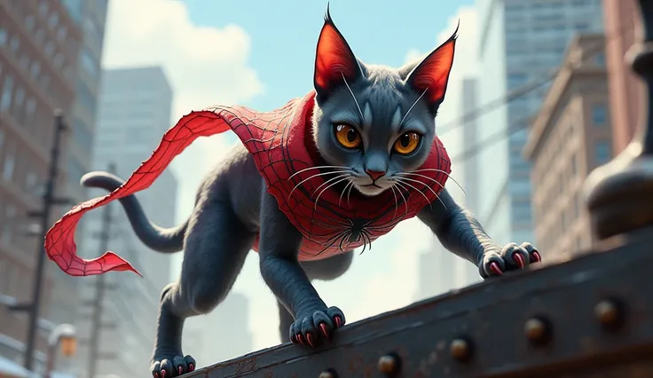 Spider-man + cat: Un gato humanoide ágil y curioso que tiene habilidades similares a las de Spider-man, wearing a small costume that mimics the cobweb , ultra realistic and professional images  