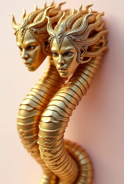 A golden hydra with three intertwined bodies, designed with the texture and elegance of fine jewelry, resembling a luxurious necklace or a sculpture plated in gold. Each head features the face of a woman with strikingly symmetrical and regal features, exud...