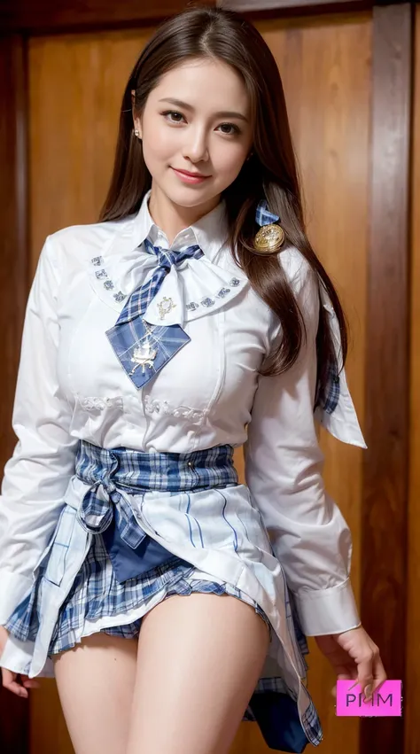 marian rivera,((White blouses with emblem、Blue tie、Plaid miniskirt:1.4)、foot, enchanting smile, closed clothes, polite attire, The face of beauty , Because I&#39;m slender , abs:1.4, 30 years old, ((1 girl, alone)), ((full body)), ((huge breasts:1.3)), Bre...