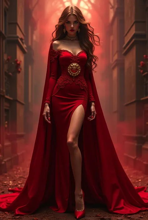 The red witch in a red Versace dress with the brand logo and red Louboutin shoes 