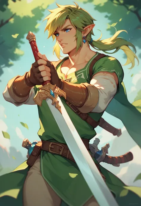 Link holding a sword wearing green with green hair and human ears heroic