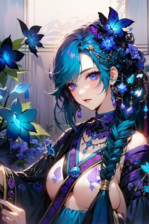  anime style 、 Big Breasts ,  can see cleavage、Lots of exposure、The top and bottom are different 々Clothes、 blue, black, and white Chinese-style clothes、Short sleeve、 they stick their arms forward 、The nails are blue 、 lots of blue and light blue butterflie...