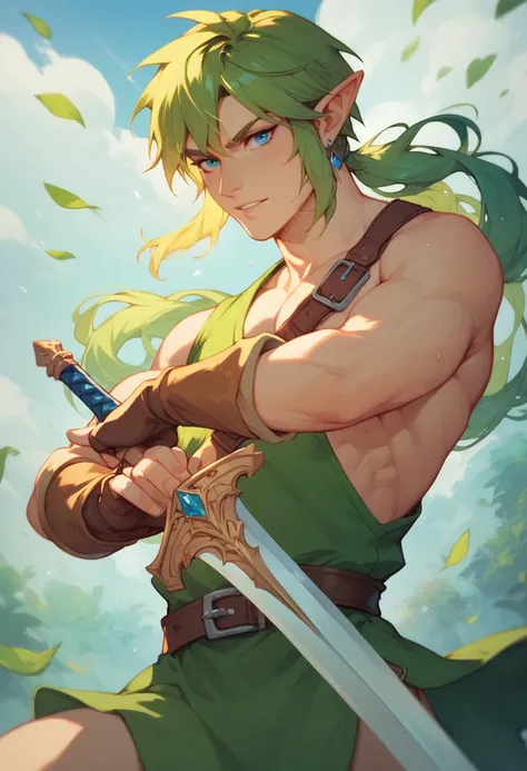 Link holding a sword wearing green with green hair and human ears heroic lanky body teenager