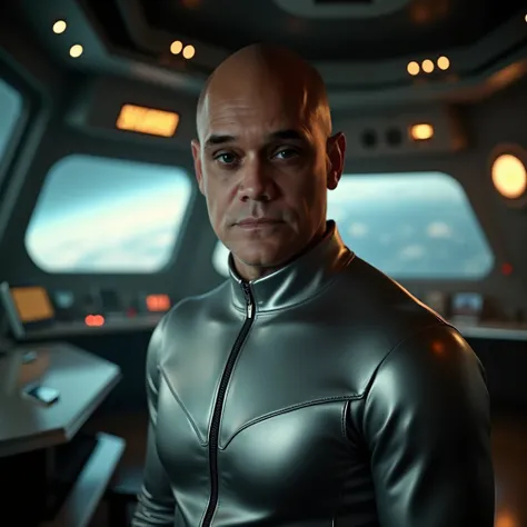 cinematic close up photography of bald man, dark eyes, he wears a silver jumpsuit and is standing on the bridge of a retro spaceship, sci-fi 1940s style