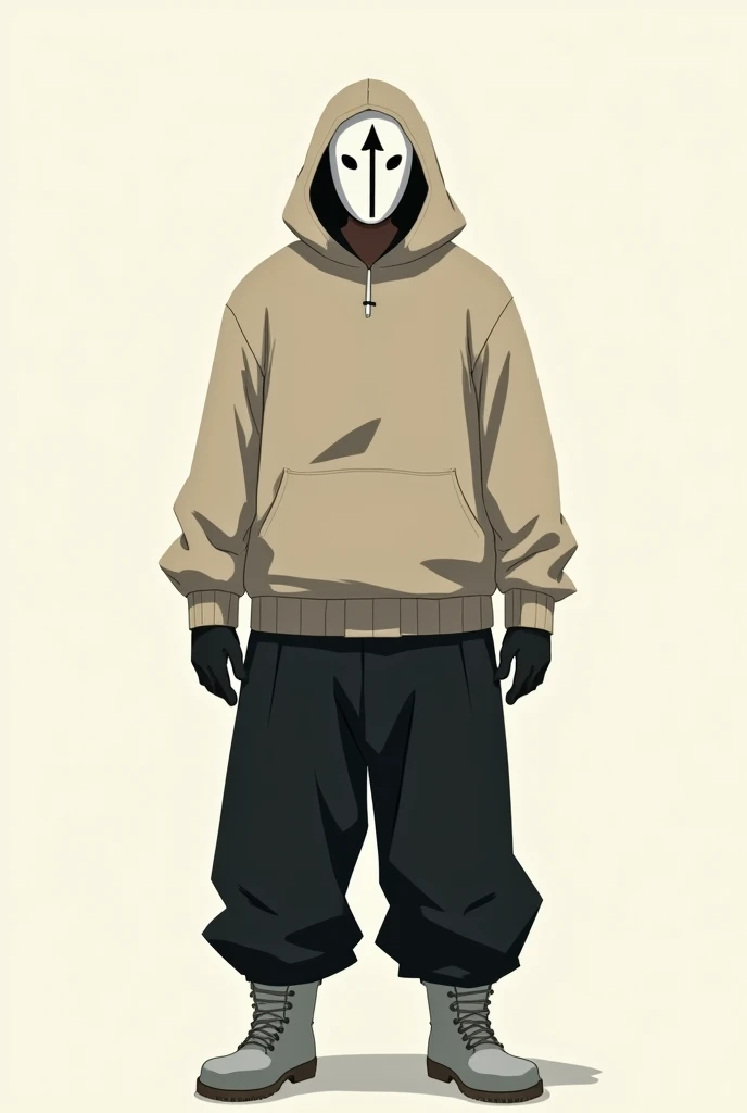 Skin. Hes a man with a white mask.  This mask ,  there is ONLY a black arrow pointed upwards , without any other details. He wears a closed beige jacket ,  with a hood that covers much of his face.  He wears thick black pants . His boot is light gray .  He...