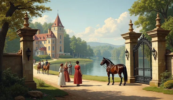 Color photo of an aristocratic equestrian estate in Europe, 1850, featuring a grand entrance with stone pillars and a blacksmith iron gate,A lake in the background,In the foreground  women are walking in colorful dresses. Riders leave the property,On the l...