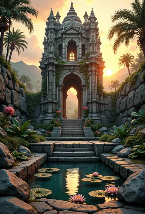 In low angle looking up shot, medium close-up view. A hyper-detailed 2D illustrator art wallpaper, fairy tales, Grimmdark, epic contrast painting. Three-quarter angle camera, wide view overview shot. Ancient ruin, Indian-style architecture tower, located o...