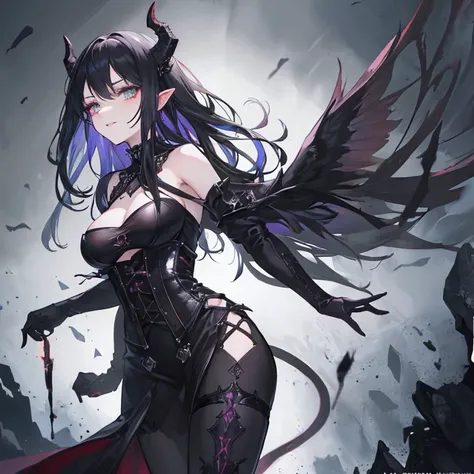 The succubus is beautiful, cute, and fully clothed,illustration, detailed eyes, detailed lips, detailed makeup, black hair, bright green eyes, a charming smile, a slender figure, delicate features, a graceful posture, a seductive gaze, a calm expression, r...