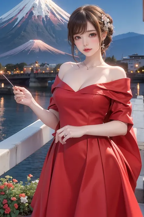 (【8k,  top quality, masterpiece、 A wedding dress in a red dress、 night view、 background Mount Fuji 、Photograph、