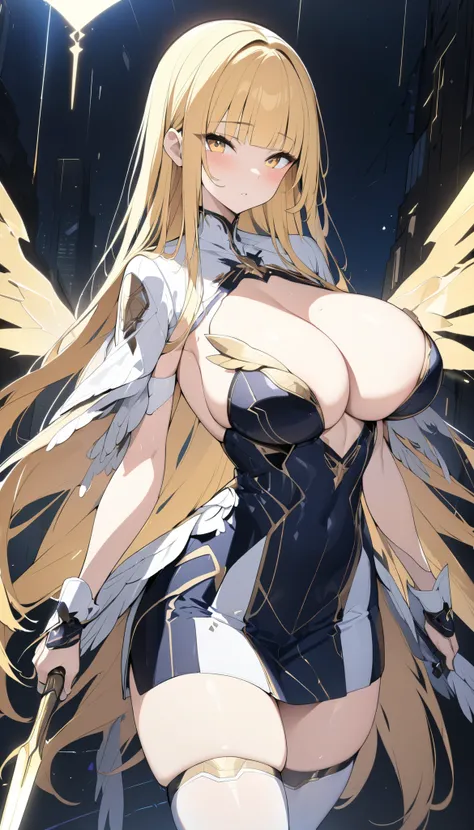 (masterpiece,  top quality :1.2,超 high definition ,  detailed description  、  high detail 、correct、  high definition  )、 android、Big Breasts、Blonde、blunt bangs、 long hair、 knee-high、 clothes that allow you to see the chest 、Machined Wings、 has a spear、 hol...