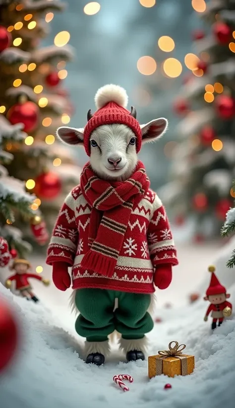 A mini goat gives an impressive sporty and festive spirit to Christmas.   He wears a warm and elegant Christmas-themed costume  :   a red and white knitted coat adorned with snowflakes  ,   combined with soft forest green wool pants  .   His red and gold s...