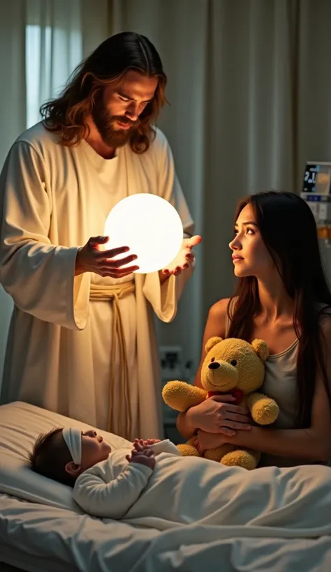 Create a deeply emotional hospital scene with soft, warm lighting that contrasts with the cold, clinical environment. Depict a figure representing Jesus Christ on the left, with long light brown hair, a full beard, and a serene, compassionate expression. H...