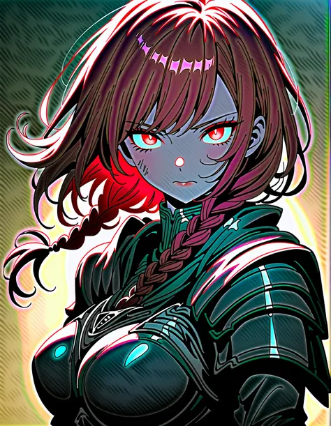 female, dark souls style, long red hair, braided hair, glowing eyes, wearing heavy dirty armor from battle, heavy eyeliner, cunning face, looking down at viewer, light rays from morning sun, glowing light particles in the air, background blur, Genshin Impa...