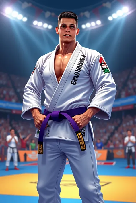 Aqui está uma versão aprimorada do prompt:


---

Prompt para o DALL-E:

"Create a highly detailed digital illustration of a male Brazilian jiu-jitsu athlete standing confidently in a championship arena. The athlete is of medium build, with a light skin to...