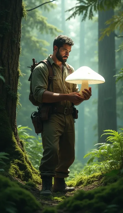 Man in the middle of the forest holding a bright white mushroom.