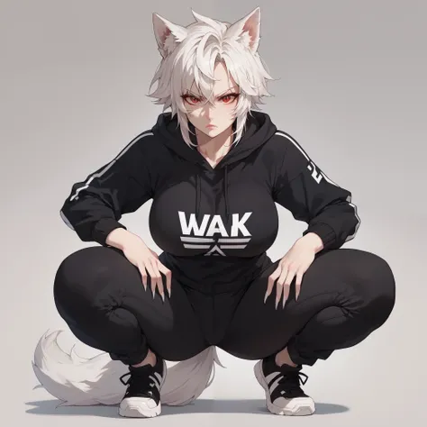 1girl, solo, short messy white hair, red eyes, slit pupils, sharp nails, wolf tail, wolf ears, big breasts, wide hips, thighs, black hoodie, black baggy pants, black sneakers, serious, squatting, full body, looking at viewer, simple background, from the fr...