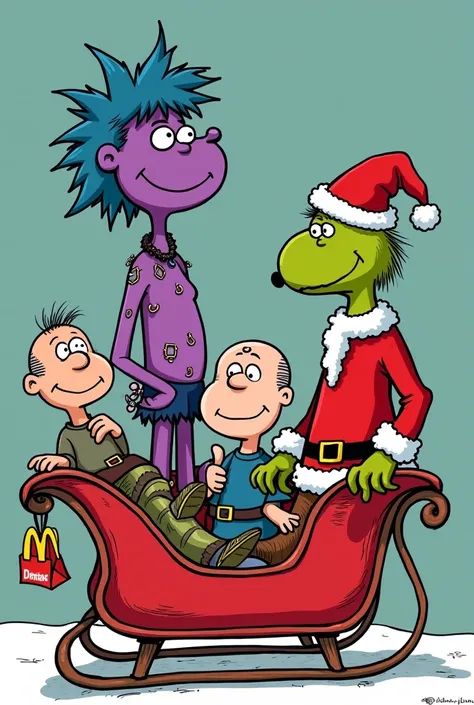 Create a "peanuts " style comic with a "woke" purple grinch who has blue hair, has a short shirt with no pants. Grinch has many piercings. The grinch is riding in a sleigh with a jolly santa, and thee middle aged  bald men. One man has brown skin. Santa ha...