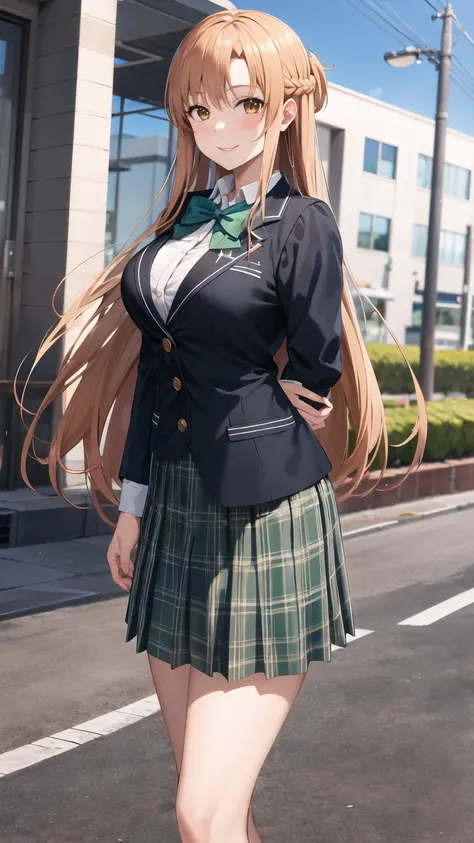 masterpiece, best quality, highres, aaasuna, long hair, brown hair, braid, brown eyes, large breasts, school uniform, green bowtie, blazer, yellow jacket, long sleeves, plaid skirt, green skirt, standing, cowboy shot, outdoors, smile,