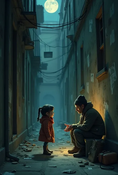 Seven-year-old girl walking down a lonely corridor at night and cold, He finds a poor man playing an instrument and gives him a coin 