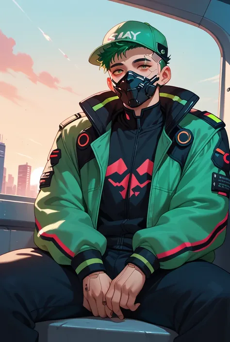 Young dark-style male with green hair cap ,  with black punk style mask sitting sideways watching the sunset with cyberpunk style colors 