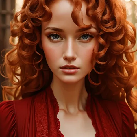 8k,  a cinematic photograph of a beautiful woman with curly blond hair,  brown eyes , and a red dress 